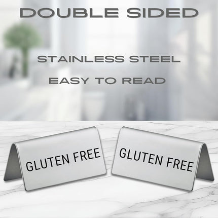 Gluten Free Stainless Steel Metal Table Tent Sign - 3" x 1-1/2" - Table Top Setting for Restaurants, Catering Businesses, Business. Great for Wedding, Banquet, Buffet, Party, Events. To Label Food
