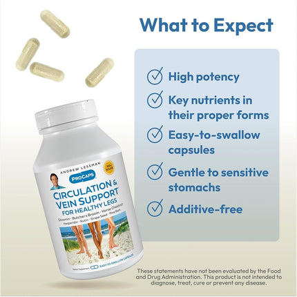 Andrew Lessman Circulation & Vein Support for Healthy Legs 60 Capsules - High Bioactivity Diosmin, Butcher's Broom, Visibly Reduces Swelling & Discomfort in Feet, Ankles, Calves, Legs