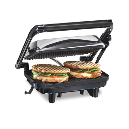 Prensa Panini Eléctrica Hamilton Beach con Tapa de Bloqueo, Apta para Sándwiches de Cualquier Grosor, Placas Antiadherentes de 20.3 x 25.4 cm, Acabado Cromado (25460A)