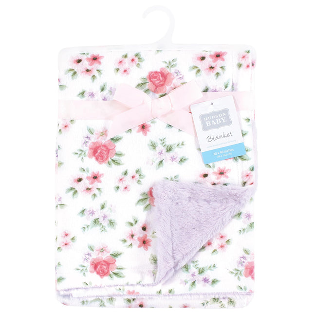 Hudson Baby Infant Girl Plush Blanket with Furry Binding and Back, Vintage Floral, One Size