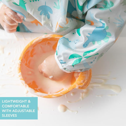 Bumkins Sleeved Bib, Handy Tie Closure for Custom Fit, Catch-All Pocket, Baby-Led Weaning, Waterproof, Machine Washable, Stain & Odour Resistant, BPA Free, 6-24 Months, Dinosaur Design