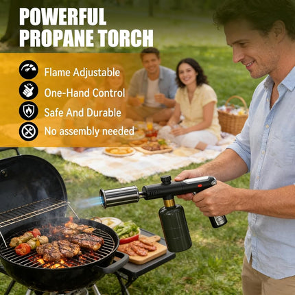 Propane Torch Gun with One-Touch Max Fire, Powerful Handheld Cooking Blow Torch with a Safety Lock for Sous Vide Searing Steak, Grill, Charcoal Starter, Campfire, Weeding, Tank Not Included (Black)