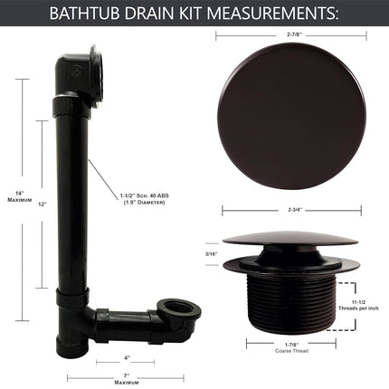 Westbrass 493144H-12 12" & 4" Bath Waste & Overflow Assembly with Tip-Toe Drain Plug and Illusionary Faceplate-SCH. 40 ABS Pipe, 1-Pack, Oil Rubbed Bronze