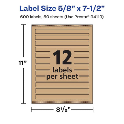 Étiquettes rectangulaires brun kraft Avery avec Sure Feed, 1,59 cm x 19,05 cm, 600 étiquettes brun kraft, impression bord à bord, étiquettes imprimables laser/jet d'encre