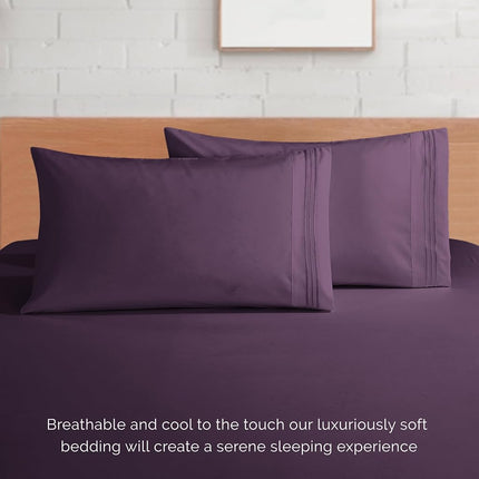 Elegant Comfort Luxurious 1500 Premium Hotel Quality Microfiber 4-Piece Sheet Set, 18-24 Inches Deep - Extra Deep Pocket Sheets - Ultra Soft 4PC Deep Pocket Sheets, Queen, Eggplant-Purple