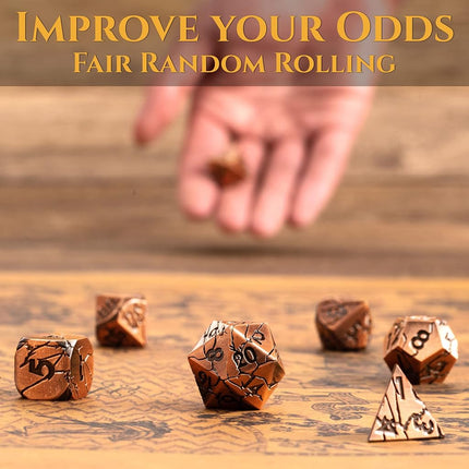DND Metal Dice - Archaic Ruins Cracked Metal Dice - Copper Polyhedral Dice Set for RPG D&D MTG Pathfinder and More - Beautifully Detailed Dungeons and Dragons Dice Set
