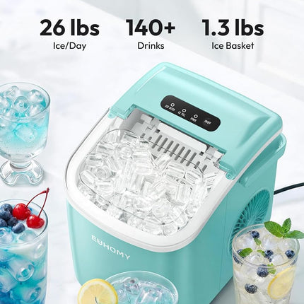 EUHOMY Countertop Ice Maker Machine with Handle, 26lbs Per Day, 9 Ice Cubes Ready in 6 Mins, Auto-Cleaning Portable Ice Maker with Basket and Scoop, for Home/Kitchen/Camping/RV (Green)