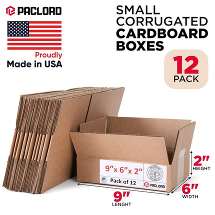 Paclord 12 Pack Small Cardboard Boxes - 9" L x 6" W x 2" H - USA Made Packaging Boxes for Moving House Shipping Storage - USPS, UPS, FedEx Approved