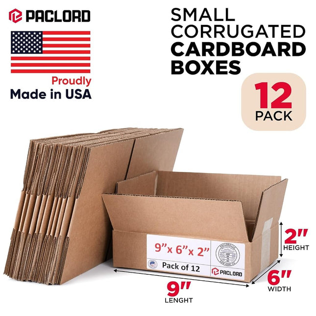 Paclord 12 Pack Small Cardboard Boxes - 9" L x 6" W x 2" H - USA Made Packaging Boxes for Moving House Shipping Storage - USPS, UPS, FedEx Approved