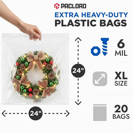 Paclord Extra Large 24" x 24" Gallon Reclosable Poly Zip Seal Lock Bag 6 Mil Thickness, 20 Clear Resealable Bags with Extra Durability, Waterproof and Airtight Heavy Duty Bags