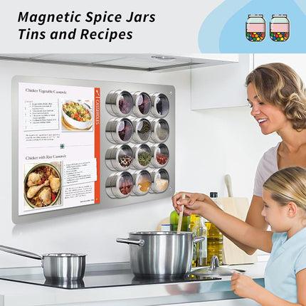 17.7" x 11.8" Stainless Steel Magnetic Board - Magnet Bulletin Board to Display Magnetic Letters Numbers Animal, Poetry, Spice Jars, Notes, Photos, Suitable for Wall, Refrigerator, Cubicle, Cabinet