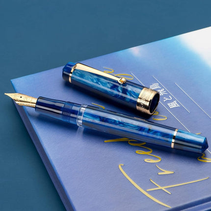 Asvine P20 Galaxy Blue Resin Iridium Extra Fine Nib Plunger Fountain Pen Gold Trim Smooth Scribe Collection with Case Set