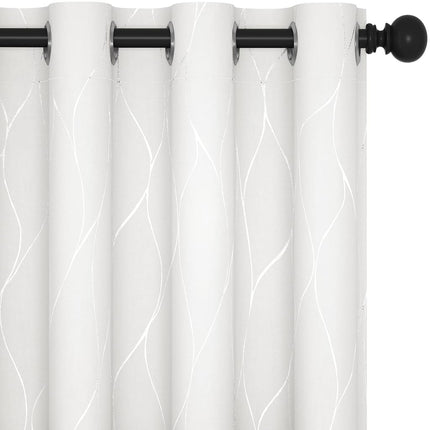 Deconovo Silver or Gold Wave Print Blackout Curtains - Thermal Insulated & Noise?Reducing Grommet Drapes for Bedroom & Living Room?Greyish White/Line?52W x 84L?2 Panels