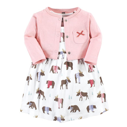 Hudson Baby Baby Girls' Cotton Dress and Cardigan Set, Pink Moose Bear, 2T