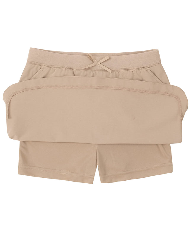 Falda escolar IZOD para niñas, tipo scooter, con pantalón corto incorporado, cintura de punto y bolsillos funcionales, resistente a las arrugas, color caqui, talla 12 Plus