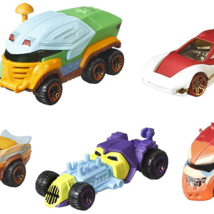 Hot Wheels Masters of the Universe Paquete de 5 carros de personajes a escala 1:64, vehículos coleccionables inspirados en He-Man, Skeletor, Man-At-Arms, Beast Man y Teela, regalo para coleccionistas, fans y niños de 3 años en adelante