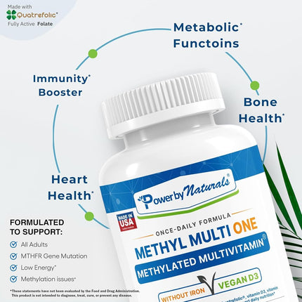 Power By Naturals Methyl Multi One – Iron-Free Methylated Multivitamin with 5-MTHF, Methyl B12 & CoQ10 – Methylation Support for Men & Women – Vegan, Non-GMO – 60 Capsules (2-Month Supply)