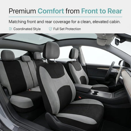 FH Group 3 Row Set 7 Seater Light & Breezy Flat Cloth Car Seat Covers, Combo Steering Wheel Cover & Seat Belt Pads, Airbag and Split Rear, Universal Fit for Cars Trucks, SUV, Gray