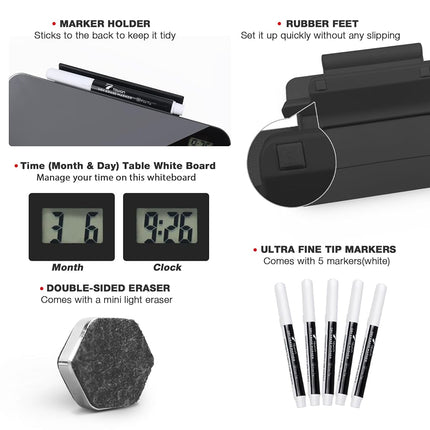 Small Glass Desktop Whiteboard with Clock, Mini Pure Glass Dry-Erase Black