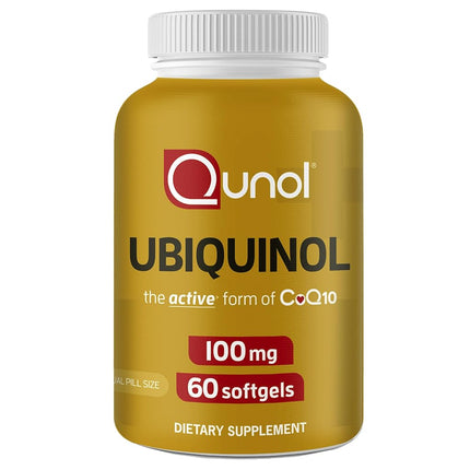 Qunol Ubiquinol CoQ10 Cápsulas blandas de 100 mg, Ubiquinol - Forma activa de Coenzima Q10, Antioxidante para la salud cardíaca, Niveles saludables de presión arterial, Beneficioso para usuarios de estatinas, 60 unidades