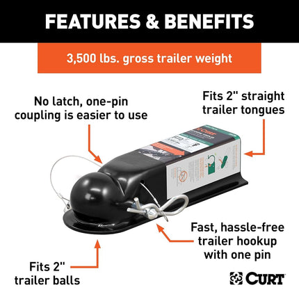 CURT 25470 QuickPin No-Latch Trailer Coupler for 2-Inch Hitch Ball, 2-in Channel, 3,500 lbs