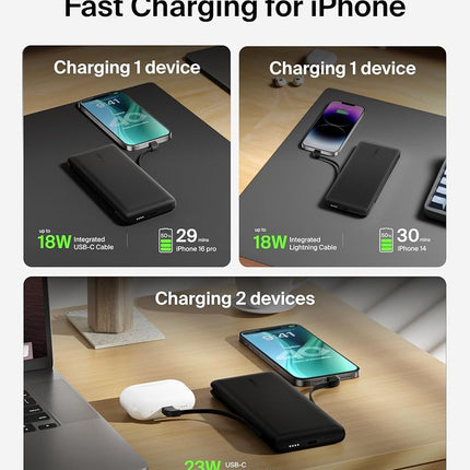 Belkin BOOSTCHARGE Portable Charger Power Bank 10000 mAh with Integrated Lightning (MFI) and USB-C Cables Plus USB-C Port, Compatible with iPhone 13, Pro, Pro Max, Mini, Galaxy S22, Ultra, Plus