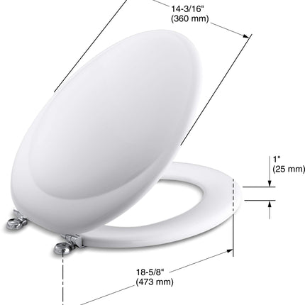 KOHLER K-4615-CP-0 Asiento de inodoro alargado Revival con bisagras de cromo pulido, blanco