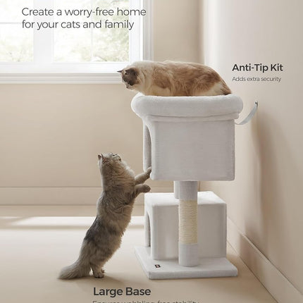 Feandrea Cat Tree, 33.1-Inch Cat Tower, Plush Condo for Large Cats up to 16 lb, Large Perch, 2 Caves, Scratching Post, Cream White UPCT061T01