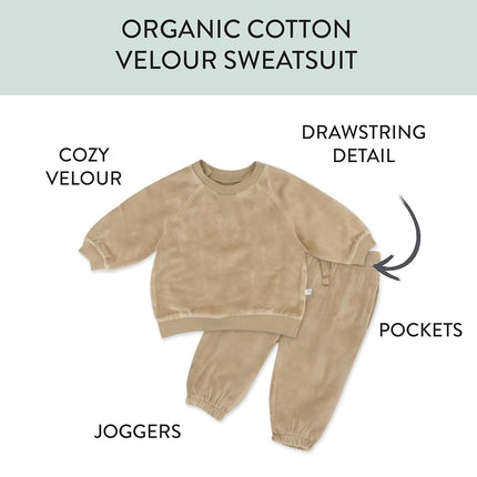 HonestBaby Baby 2-Piece Cozy Velour 100% Cotton Sweatshirt and Jogger Sweatpants Set, Sand, 3T