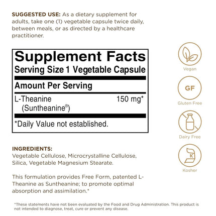 Solgar L-Theanine 150 mg Vegetable Capsules - Pack of 60 - Stress and Anxiety Support - Improve Mental Function - Vegan and Gluten Free, Gold