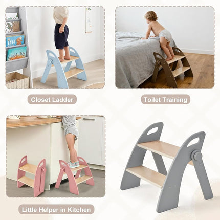 Wooden 2 Step Stool for Kids Bathroom Sink Foldable Anti-Slip 2-Step for Toilet Potty Training, Child Stepping Stool for Kitchen Nursery Bedroom, Sturdy Non Slip Adult Stool for Closet Grey
