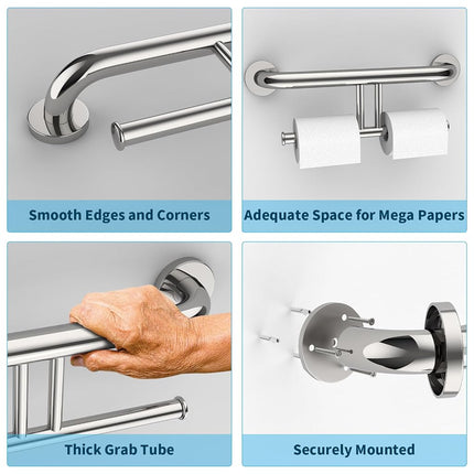 Chrome Grab Bar w/Double Toilet Paper Roll Holder 17 Inch, iHansee Stainless Steel Shower Support Balanced Support Handle, Wall Mounted Safety Bathroom Handrail for Elderly Senior Handicap Disabled