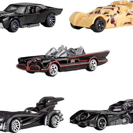 Hot Wheels 1:64 Scale Die-Cast Toy Cars, Set of 5 Batman 85th Anniversary Vehicles Featuring 5 Different Batmobile Replicas in Commemorative Packaging, JBG93