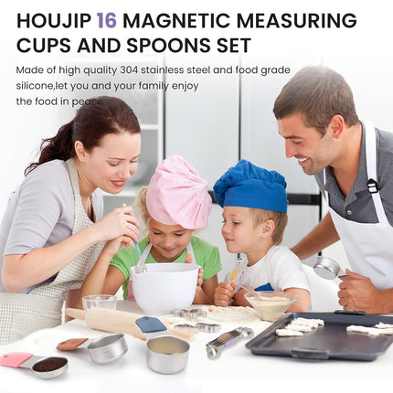 Magnetic Measuring Cups and Spoons Set-Heavy Duty 304 Stainless Steel，Double Measurement Markings，Set of 16 with Leveler for Measure Dry and Liquid Ingredients