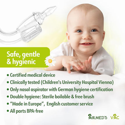 Airmed's Vac Nasal Aspirator Baby. CLINICALLY Tested, Safe and Gentle. Baby Nose Sucker with 2 Suction Heads and Cleaning Brush. Safe and Gentle Baby Nasal Aspirator with Strength of a Vacuum Cleaner