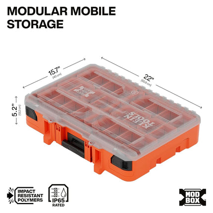 Klein Tools 54400MBX MODbox Tall Compartment Box, Full-Width Tool Organizer, Small Parts Tool Box with 20 Compartments, 9 Removable Bins for Fasteners, Stackable Module