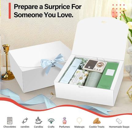 PEKGRIL 15 PCs Gift Boxes with Lids, White 10X8X4 Inch Boxes, Bridesmaid Proposal Box Ribbon, Kraft Paper for Wedding, Packaging, Present, Birthday, Christmas, Party KZH-BS