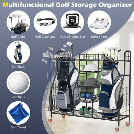 Organizador de bolsas de golf GYMAX, estante de almacenamiento con ruedas bloqueables y soporte lateral para palos, soporte para equipos extragrande para accesorios de golf (2 compartimentos)