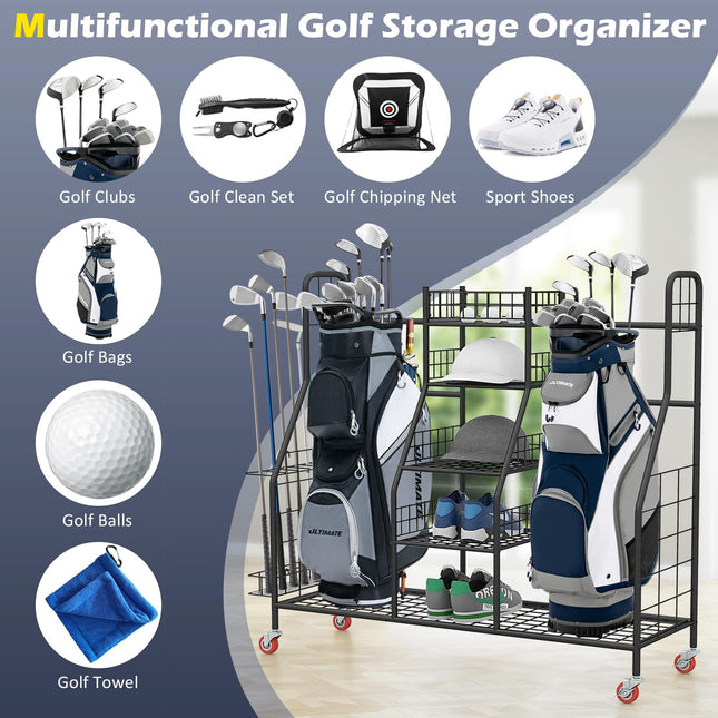 GYMAX Golf Bag Organizer, Storage Rack With Lockable Wheels & Club Side Rack, Extra Large Equipment Holder for Golf Accessories (2 Compartment)