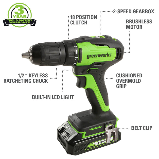 Greenworks 24V Brushless 310 in./lbs Drill/Driver + 2650 in./lbs Impact Driver Combo Kit, (2) USB (Power Bank) Batteries and Dual Port Charger Included LED Light, 2pcs Driving Bits with Tool Bag