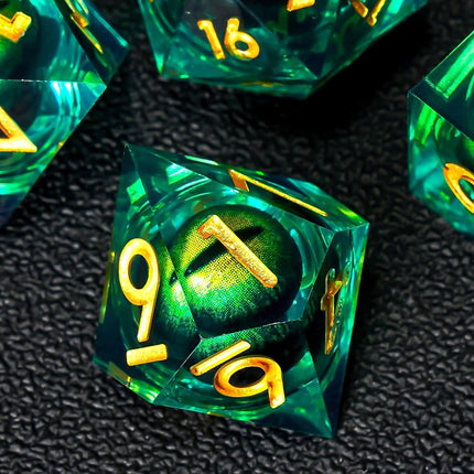 Beholder's Dragon Eye DND Dice Set,Sharp Edge Liquid Core Resin Handmade Dice with Gift Box 7 PCS for Role Playing Dungeons and Dragons Ttrpg(Green Dargon Eye)