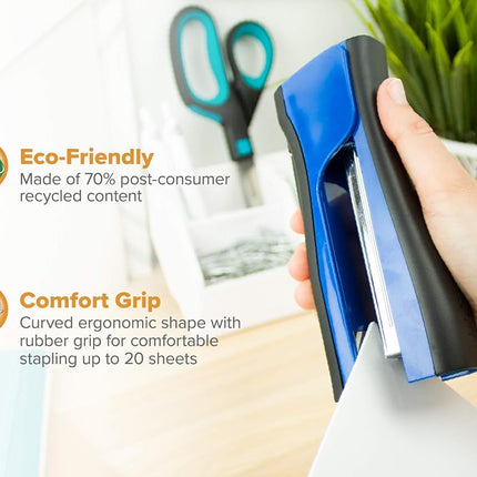 Bostitch Office Dynamo 4 in 1 Standup Stapler, Includes 420 Staples, 20 Sheet Capacity, Integrated Pencil Sharpener, Staple Remover & Staple Storage, Blue