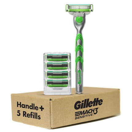 Gillette Mach3 Sensitive Razors for Men, 1 Handle, 5 Blade Refills, Designed for Sensitive Skin
