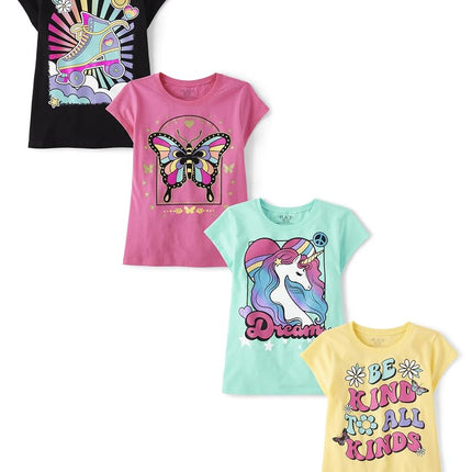 The Children's Place Girls' Kindness, Love, Equality Short Sleeve Graphic T-Shirts,multipacks, Skate/Butterfly/Dream/Be Kind, Medium