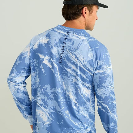 HUK Men's Standard Pursuit Pattern Crew Sleeve, Performance Shirt, Mossy Oak-Stormwater Spindrift
