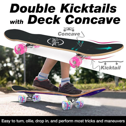 BELEEV Skateboards, 31 x 8 inch Complete Skateboard for Beginners, 7 Layer Canadian Maple Double Kick Deck Concave Cruiser Trick Skateboard for Kids Teens & Adults -Purple