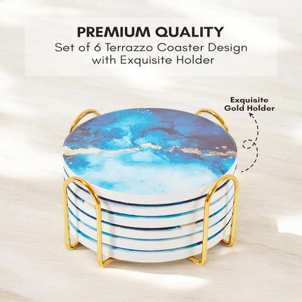 Absorbent Coaster Set of 6 with Holder, Drink Coasters for Coffee Table, Kitchen, Home Decor, Cute Ceramic Round Coasters, Alternative to Silicone, Cork or Glass Coaster (Sapphire)