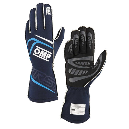 OMP Racing Driving Gloves, First, FIA Approved, Single Layer, Fire Retardant Fabric, Navy Blue/Cyan, X-Large, Pair