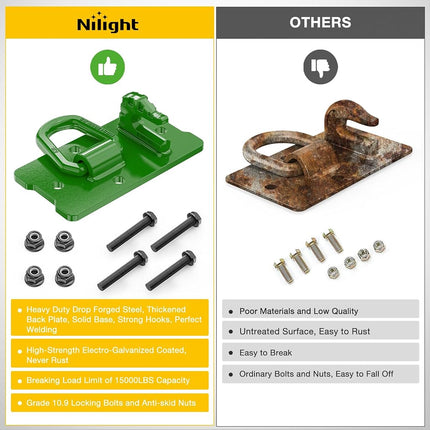 Nilight 2PCS Tractor Bucket Hooks with Tie Down Ring, Bolt-On Grab Hook with Back Plates Compatible with Trailer RV UTV Truck, Grade 70 Grade Forged Steel Max 15000 lbs, Green