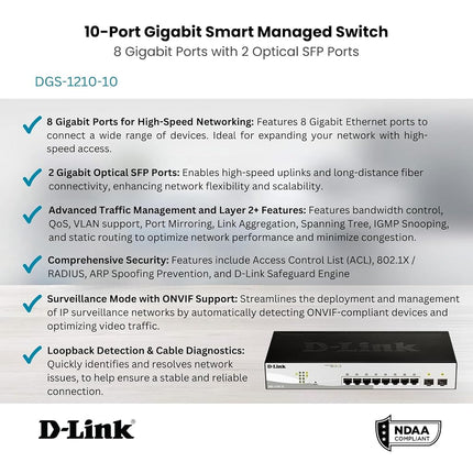 D-Link DGS-1210-10 10-Port Gigabit Smart Managed Switch with 2 SFP ports, Surveillance Mode Interface, Fibre Uplink Ports, Enhanced Layer 2 Management